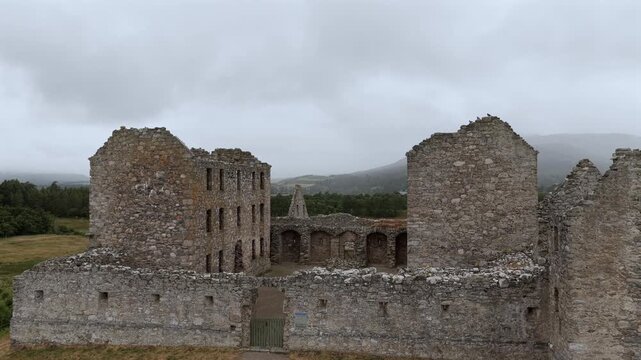 Aerial drone view of Ruthven Barracks near Kingussie, a historic 18th-century fortress in the Scottish Highlands, Scotland.