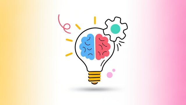 Abstract 2D illustration of a lightbulb containing a split brain and a gear