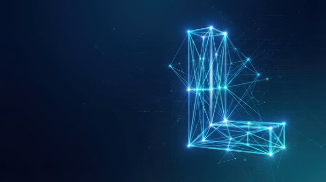 Abstract 3D geometric letter L composed of interconnected lines on dark backdrop, studio lighting, futuristic mood. Ideal for tech, digital, and innovation concepts.