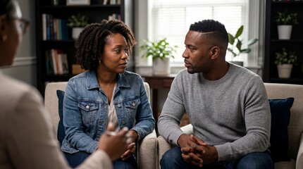 Obraz premium couples therapy relationship counseling support mental health healing trust communication built for educational context with portrait african american couple 40s wife detail shows a couple in with