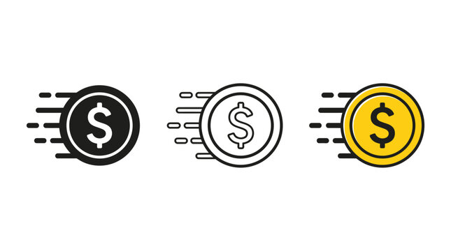 Moving dollar coins displayed as minimalist vector icons with motion trail lines in solid black outline and yellow fill styles isolated on white background for financial apps and modern web design.