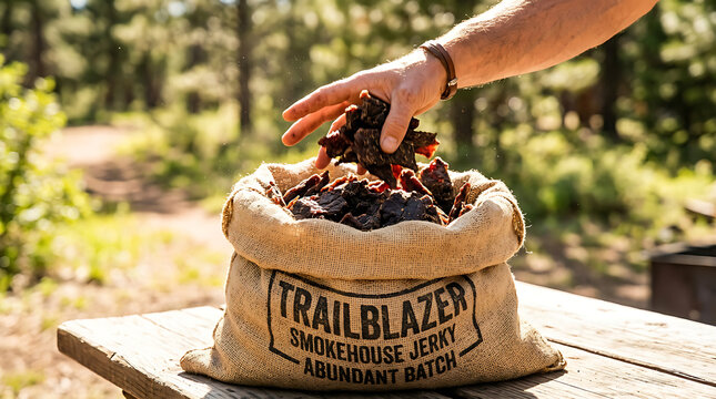 Hand reaching into burlap bag overflowing with Trailblazer Smokehouse Jerky in an outdoor setting