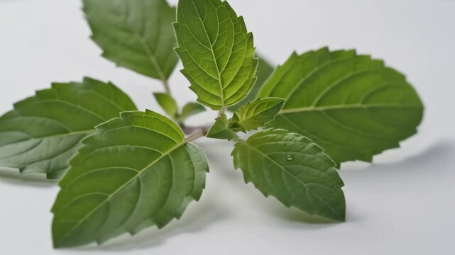 Fresh Holy Basil Ocimum sanctum leaves rotating on white background with selective focus and soft shadows highlighting natural green texture