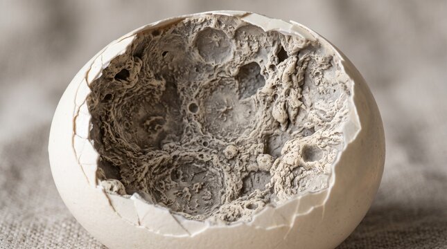 Cracked eggshell reveals lunar surface like texture inside, close up view