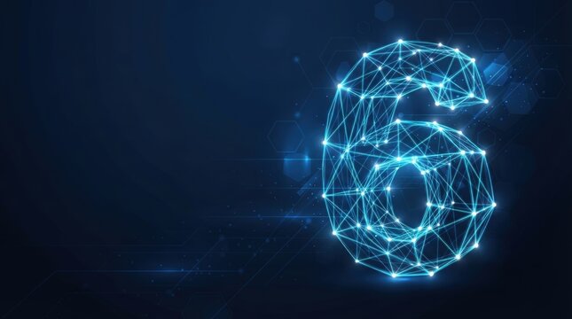 Abstract glowing number six composed of interconnected nodes on dark, gradient backdrop; futuristic, high-contrast lighting emphasizes geometric design for tech-focused visuals.