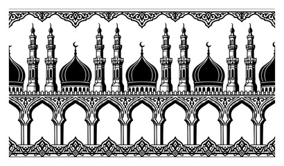 Mosque domes and minarets with ornamental borders and arched architecture in engraving style © Anna