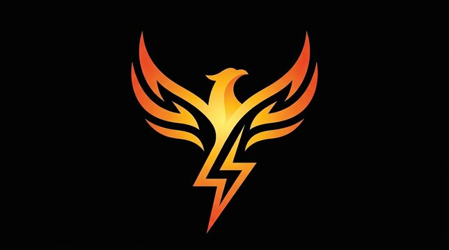 Flaming orange phoenix bird icon with lightning bolt.