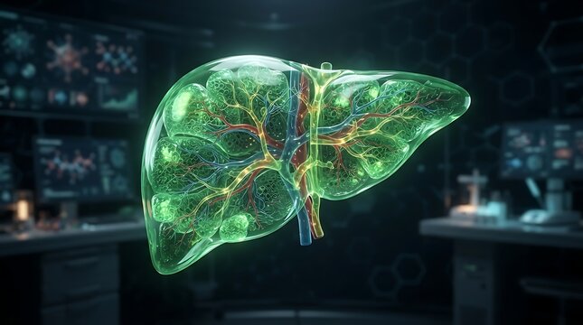 3d medical visualization of a human liver with internal vascular structures and cellular detail in a hightech laboratory environment