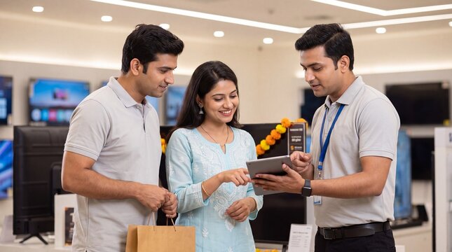 Modern Indian couple checking EMI offers on tablet with store executive during Diwali electronics sale
