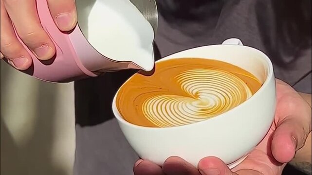 Barista pouring steamed milk from pink pitcher into white cup to make intricate rosette heart latte art