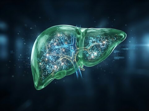 3d medical illustration of a human liver with internal vascular structure and glowing cellular activity on a dark blue background