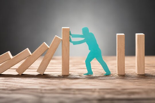 Silhouette of a person holding back falling dominoes, representing resilience and crisis management.