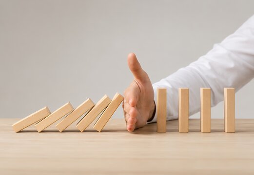 A person's hand stopping falling dominoes, demonstrating crisis intervention and risk management.