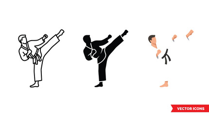 Martial arts practitioner performing a high kick wearing a traditional white karate gi with black belt shown in three distinct styles including line art silhouette and full color vector illustration. © Ahmad