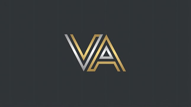 Geometric gold and silver VA monogram logo on dark background.
