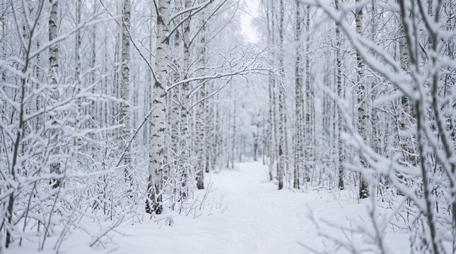 Serene winter landscape of a birch tree grove covered in fresh white snow with a walking path
