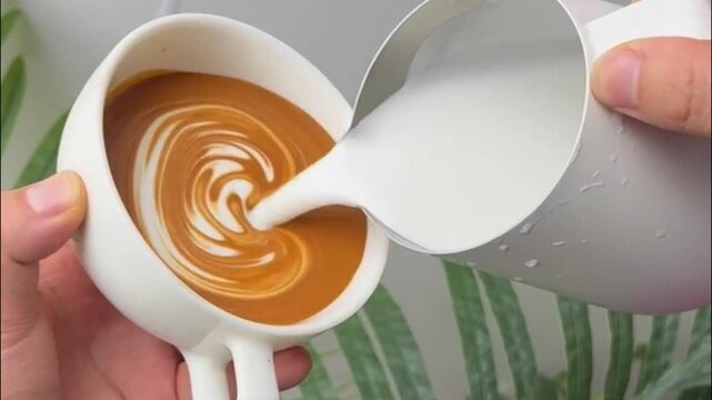 Barista pouring steamed milk from white pitcher into ceramic cup to create detailed tulip latte art pattern