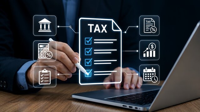 Businessman using a pen to check off items on a digital tax form with surrounding icons.