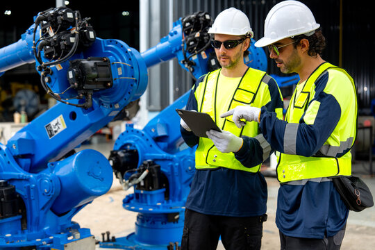 Two engineers in high-visibility vests examine blue robotic arms with digital tablets under industrial lighting