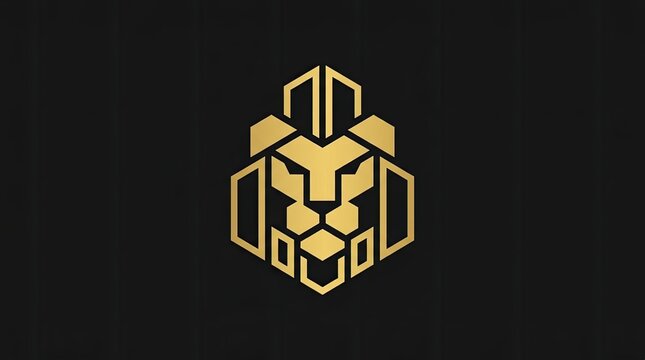 Geometric gold lion head logo on dark background.