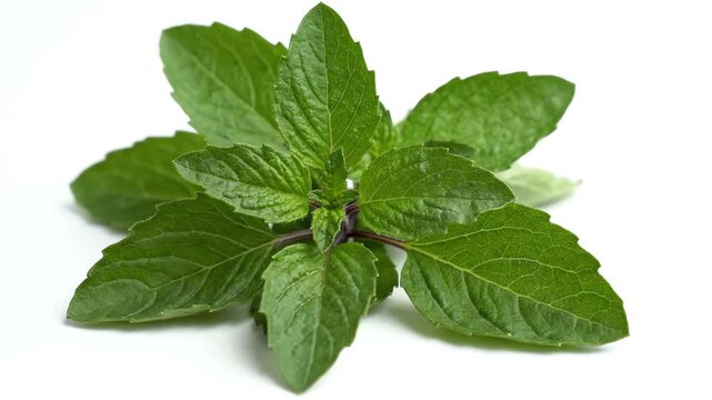 High angle view of fresh Holy Basil Ocimum sanctum leaves rotating on white background with selective focus highlighting herbal texture
