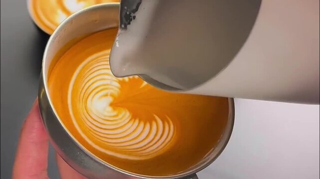 Barista pouring steamed milk into metal cup to create intricate winged tulip latte art pattern