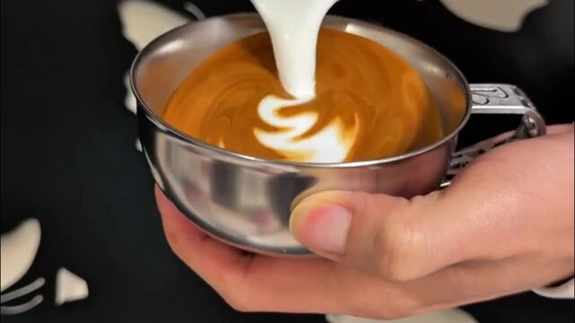 Barista pouring steamed milk into stainless steel cup to create complex winged rosette latte art