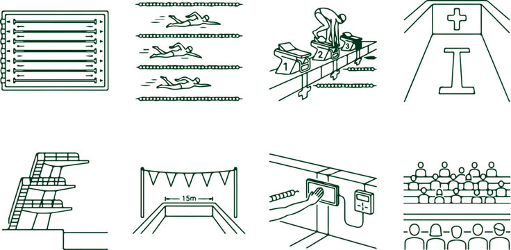 Swimming competition pool with lane lines divers starting blocks pool deck and spectator stands icons set.