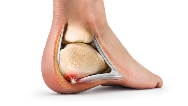 Heel spur with plantar fascia insertion stress in photorealistic foot anatomy medical education image on white background with copy space for healthcare communication and patient education