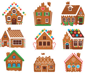 Naklejka premium Cute Gingerbread House Collection, Christmas Holiday Cookie Cottage Vector Illustration Set for Festive Winter Design Projects