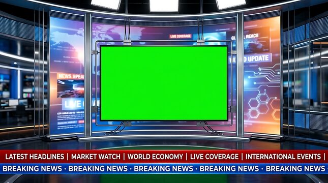 Live news broadcast with green screen backdrop. TV studio chroma key setup for breaking news presentation.