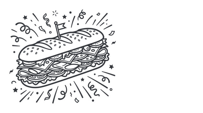 Hand drawn illustration of a delicious long submarine sandwich with festive confetti.