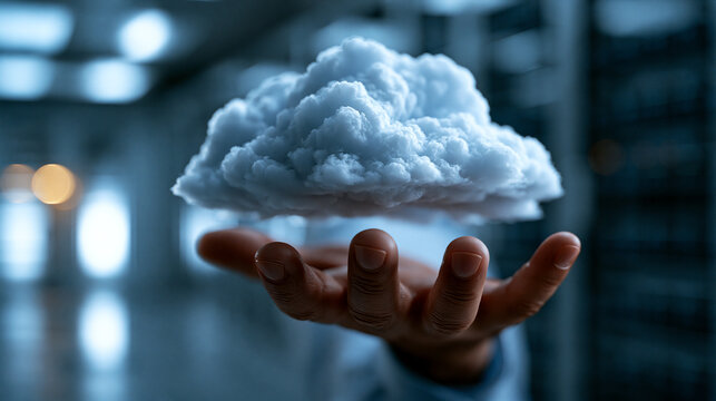 Digital cloud hovering above a hand in a modern server room environment
