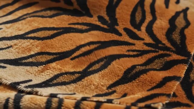 Macro view of luxurious soft velvet fabric with orange and black tiger stripe patterns gently rippling in a soft breeze with shifting shadows