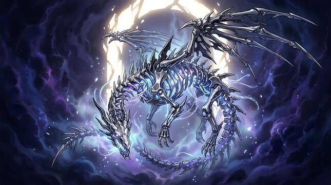 Mechanical skeletal dragon flying. Cybernetic beast soaring in a dark magical atmosphere.