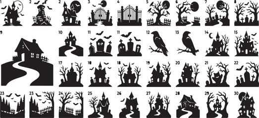 Fototapeta premium Haunted cottage pumpkin carving stencil bundle collection with halloween silhouette template celebration decorations patterns printables download graveyard spookyhouse monochrome blackwhite