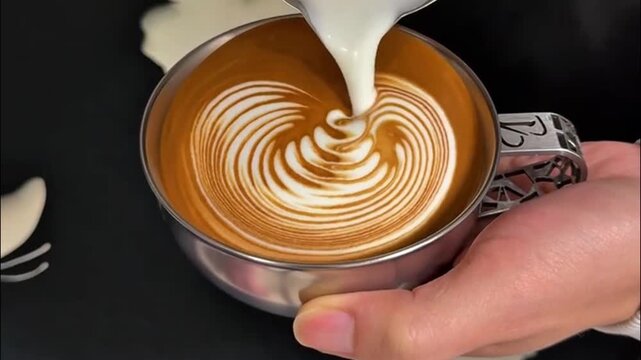 Barista pouring steamed milk into stainless steel cup to create detailed swan latte art pattern