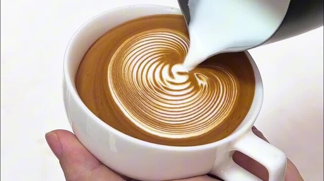 Barista pouring steamed milk into white ceramic cup to create detailed layered heart latte art pattern
