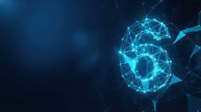 Digital, futuristic, glowing number six on tech background