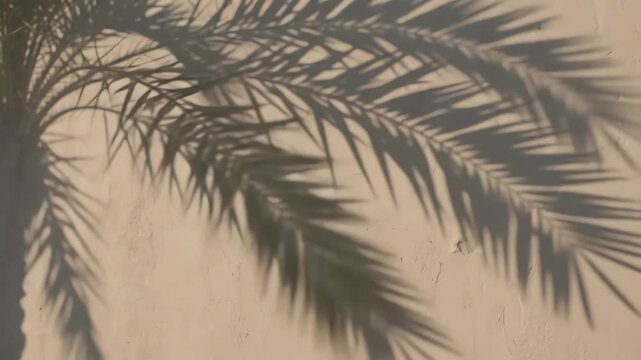 Minimalist palm tree leaf shadows swaying slowly on a clean white wall surface during warm golden hour sunlight