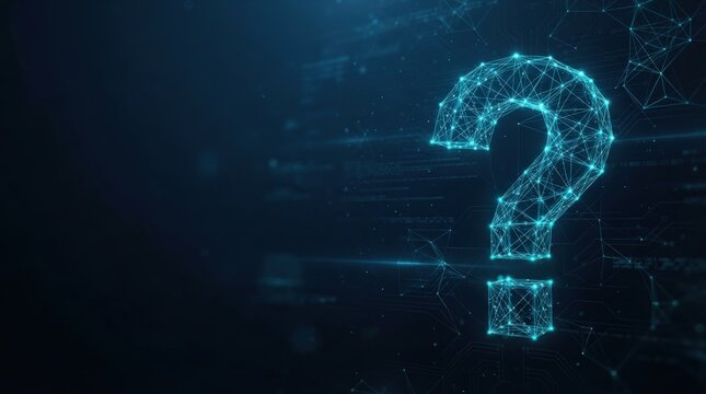 Digital question mark composed of bright neon nodes on dark, gradient background with geometric grid lines, studio lighting, futuristic mood.