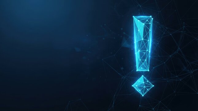 Abstract geometric exclamation mark composed of interconnected blue light nodes on dark, textured backdrop. Studio lighting highlights high-contrast design elements for digital use.