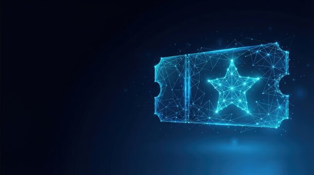 3D-rendered ticket featuring geometric star, glowing blue neon lighting, dark backdrop. Futuristic, high-contrast composition ideal for awards, events, or tech marketing visuals.