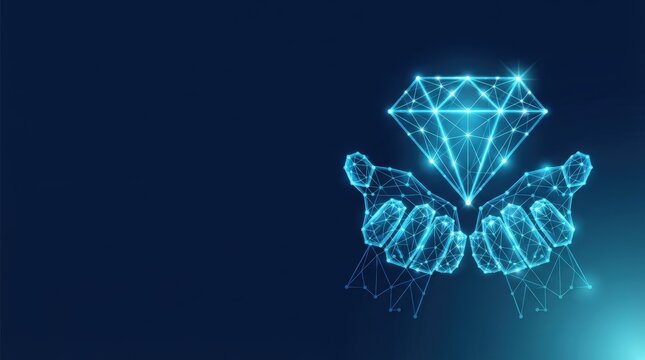 Digital illustration of hands cupping a glowing geometric diamond with interconnected nodes, studio lighting, futuristic, abstract, corporate theme