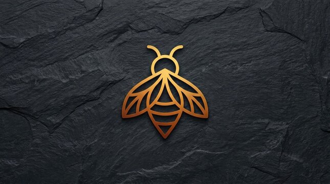Golden bee insect logo on textured black stone