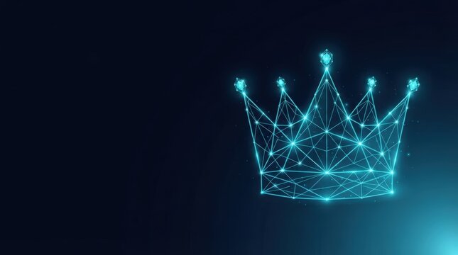 Digital crown composed of interconnected glowing nodes against dark backdrop, studio lighting, futuristic geometric mood.