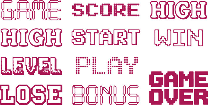 Retro pixelated video game text elements collection including game score high win level play lose bonus over signs.