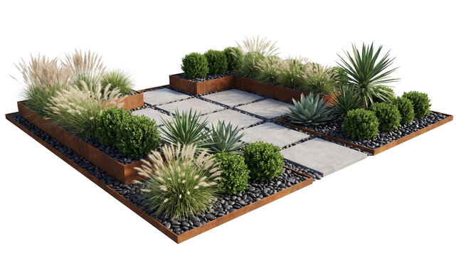 Modern Minimalist Garden Design with Weathered Steel Planters and Pavers
