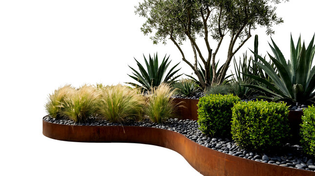 Modern Garden Design with Rusted Steel Planter and Ornamental Plants