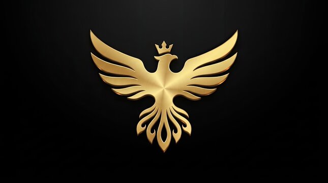 Golden crowned phoenix logo on black background.